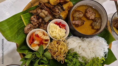 Bun Cha Vietnamese soup noodle  with caramalized grilled pork