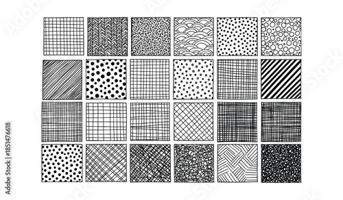 Collection of 30 Hand Drawn Square Patterns and Textures in Black and White Keywords: pattern, texture, hand drawn, doodle, graphic, design, black and white, grid, lines, dots, circles, waves