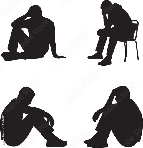Four Black Silhouettes Of Men In Various Sad And Depressed Poses Over White Background