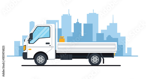 A small white flatbed truck, or lorry, driving in front of a stylized blue silhouette of a modern city skyline.