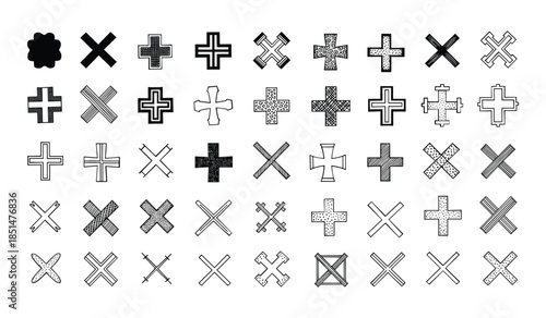 Collection of Hand Drawn Cross and X Mark Symbols in Various Patterns and Styles Keywords: cross, x mark, symbol, icon, doodle, hand drawn, sketch, drawing, graphic, design, element, mark, plus