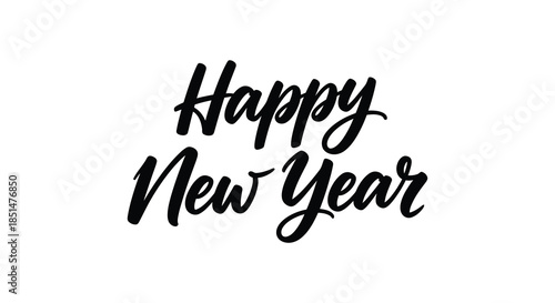 A stylish handwritten black and white graphic displaying the words happy new year