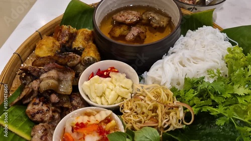 Bun Cha Vietnamese noodle soup with caramalized grilled pork