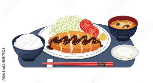 A complete Japanese tonkatsu set meal with breaded pork cutlet, rice, miso soup, and cabbage salad on a tray.