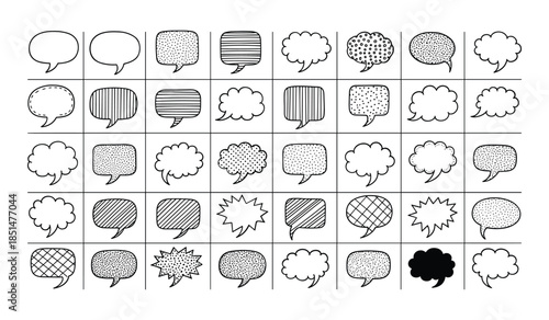 Collection of Hand Drawn Speech Bubbles and Thought Bubbles in Diverse Shapes Keywords: speech bubble, thought bubble, dialogue, communication, chat, message, icon, doodle, drawing, sketch