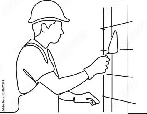 Construction worker with trowel wearing hard hat line art