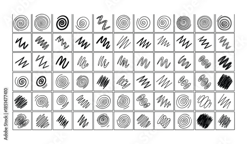 Grid of Hand Drawn Swirls, Zigzags, and Scribbles on White Background spiral line