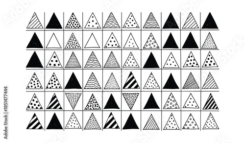 Grid of Triangles with Diverse Hand Drawn Patterns and Solid Fill geometric doodle