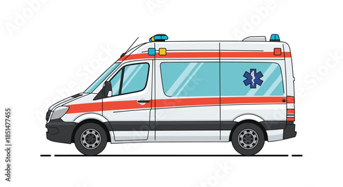 A side view vector illustration of a modern white ambulance van with red stripes and the Star of Life symbol on a white background.