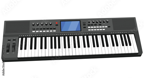 A detailed vector illustration of a modern black electronic keyboard synthesizer with numerous keys, buttons, and a digital display.
