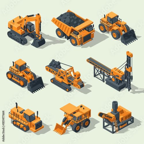 Isometric set of heavy mining and construction machinery, including excavators, dump trucks, bulldozers, and drilling rigs.