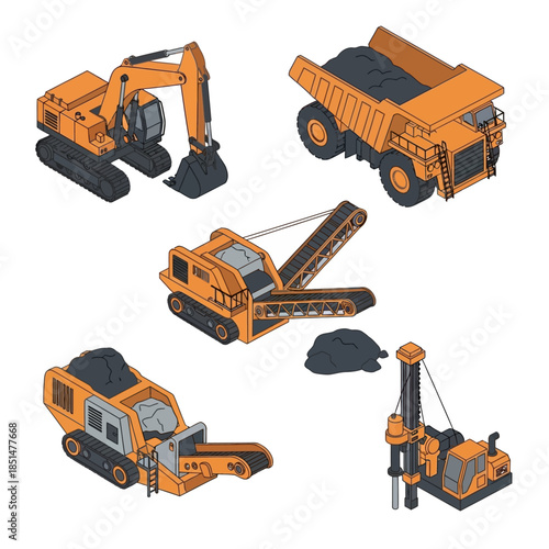 Isometric vector illustration of heavy mining and construction machinery including excavator, dump truck, crusher, conveyor, and drilling rig.