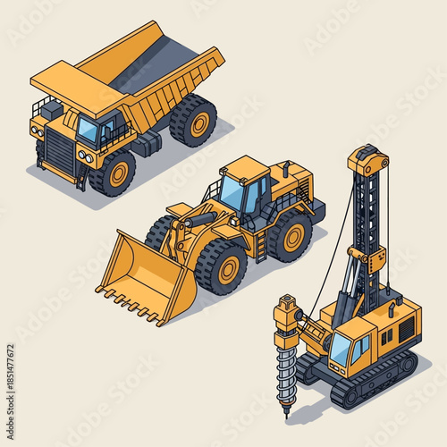 Isometric vector illustration of heavy construction machinery including a dump truck, wheel loader, and drilling rig.
