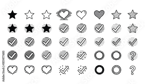 Hand Drawn Black Ink Icons Stars Hearts Checkmarks Circles and Question Marks Keywords: icon, hand drawn, doodle, star, heart, checkmark, circle, question mark, outline, filled, sketch, drawing