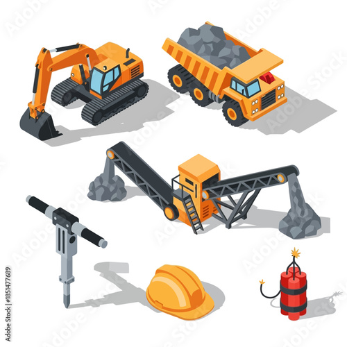 Isometric illustration of various heavy construction and mining equipment including an excavator, dump truck, conveyor belt, jackhammer, hard hat, and dynamite.