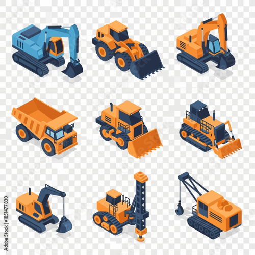Isometric set of heavy construction vehicles and machinery, featuring excavators, bulldozers, dump trucks, and loaders for industrial use.