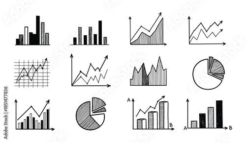 Hand Drawn Business Charts and Graphs Collection with Bar and Pie Diagrams finance
