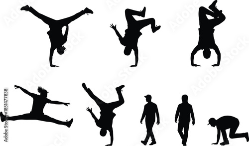 Breakdance, urban street style silhouette vector set, dynamic B-boy poses, energetic youth culture, acrobatic dance movements, expressive black and white graphic.
