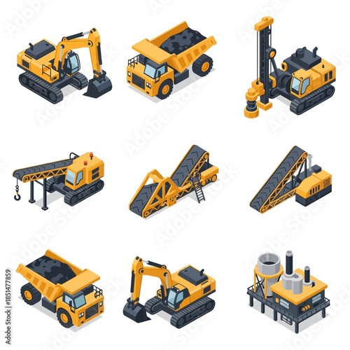 Isometric set of heavy mining and construction machinery, including excavators, dump trucks, drills, and conveyor systems.
