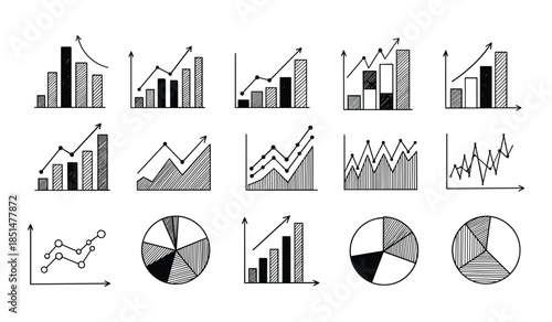 Hand Drawn Business Charts And Graphs Including Bar Charts Line Graphs And Pie Charts Keywords: charts, graphs, business, finance, data, statistics, analysis, growth, progress, bar chart, line