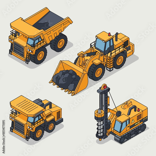 Isometric illustration of heavy mining and construction vehicles.