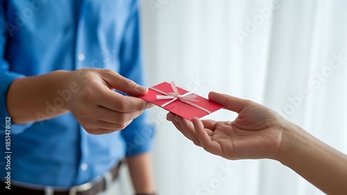 Close up of one person giving a red gift card or voucher to another