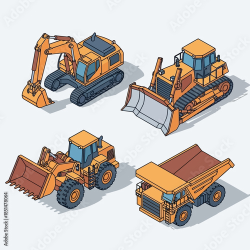 Four isometric heavy construction vehicles including excavator, bulldozer, loader, and dump truck.