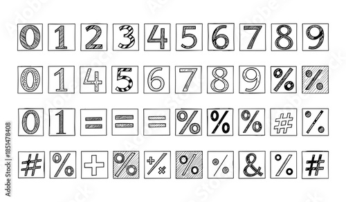 Hand Drawn Numbers and Symbols in Square Boxes on White Background digits mathematical