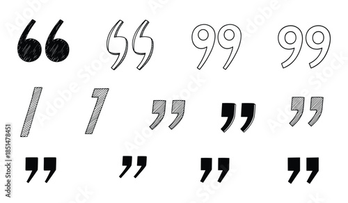 Hand Drawn Quotation Marks and Punctuation Marks in Black and White on White Background Keywords: quotation mark, quote, punctuation, symbol, text, writing, speech, dialogue, communication