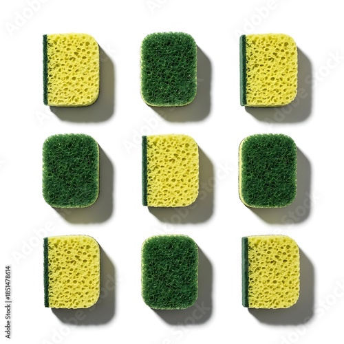 Structured array of dishwashing sponges in yellow and green colors on white
