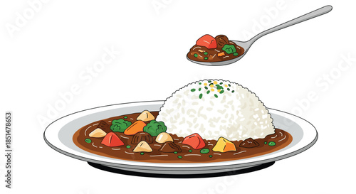 A delicious plate of Japanese curry rice with meat and vegetables, with a spoonful being lifted, ready to be eaten.