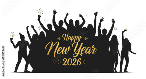 Silhouetted crowd celebrating the new year 2026 with raised hands and festive golden script