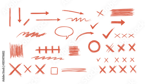 Red Hand Drawn Arrows Checkmarks Crosses and Symbols on White Background Keywords: arrow, checkmark, cross, x, circle, speech bubble, scribble, tally marks, lines, drawing, sketch, doodle, red