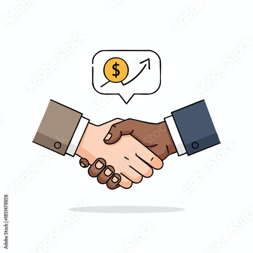 Handshake illustration with a speech bubble showing rising profits and a dollar symbol