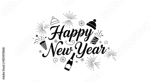 Festive new year greeting with sparkling elements party hats and a celebratory bottle design