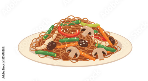 A healthy and colorful plate of stir-fried soba noodles with mixed vegetables like mushrooms, peppers, carrots, and green beans.