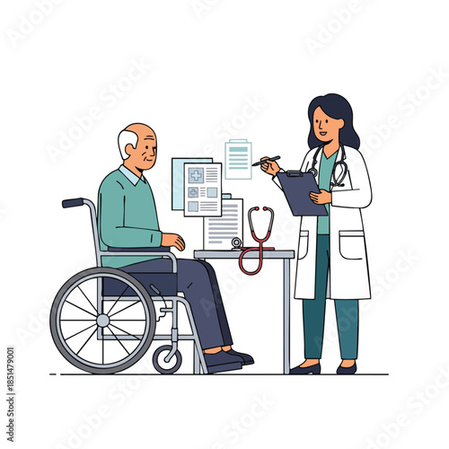 A doctor talks to a patient in a wheelchair at a desk with medical documents