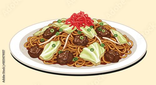 A delicious plate of Japanese yakisoba stir-fried noodles with beef, cabbage, and topped with red pickled ginger.