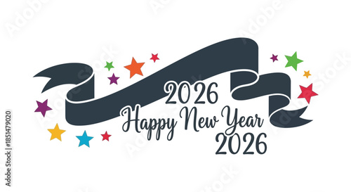 A festive new year banner with stars and colorful decorations announces the upcoming year 2026