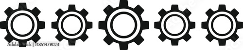 Modern solid symbol showing a line of rotating gear wheels to denote specialized machinery maintenance, automated logic, system optimization, and efficient production finding.