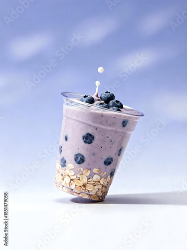 Delicious blueberry yogurt parfait with granola in a plastic cup.