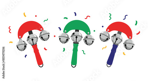 A festive illustration of three colorful jingle bell rattles in red, green, and blue, surrounded by falling confetti.