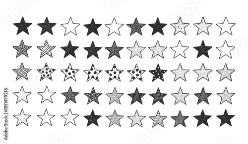 Variety of Hand Drawn Stars in Black and White with Different Fill Patterns on White Background Keywords: star, shape, symbol, icon, doodle, hand drawn, sketch, drawing, illustration, pattern