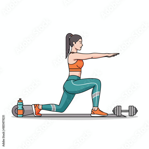 Woman exercising, in lunge position, with water bottle and weights, on a mat