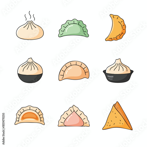 Cartoon illustration featuring a variety of dumplings, each with unique shapes and fillings
