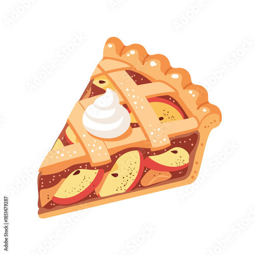 Vector illustration of a slice of apple pie with lattice crust and whipped cream