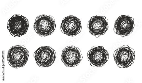 Ten Abstract Hand Drawn Scribbled Circles with Dense Lines Keywords: scribbled circles, hand drawn circles, tangled circles, messy circles, abstract circles, doodle circles, chaotic circles