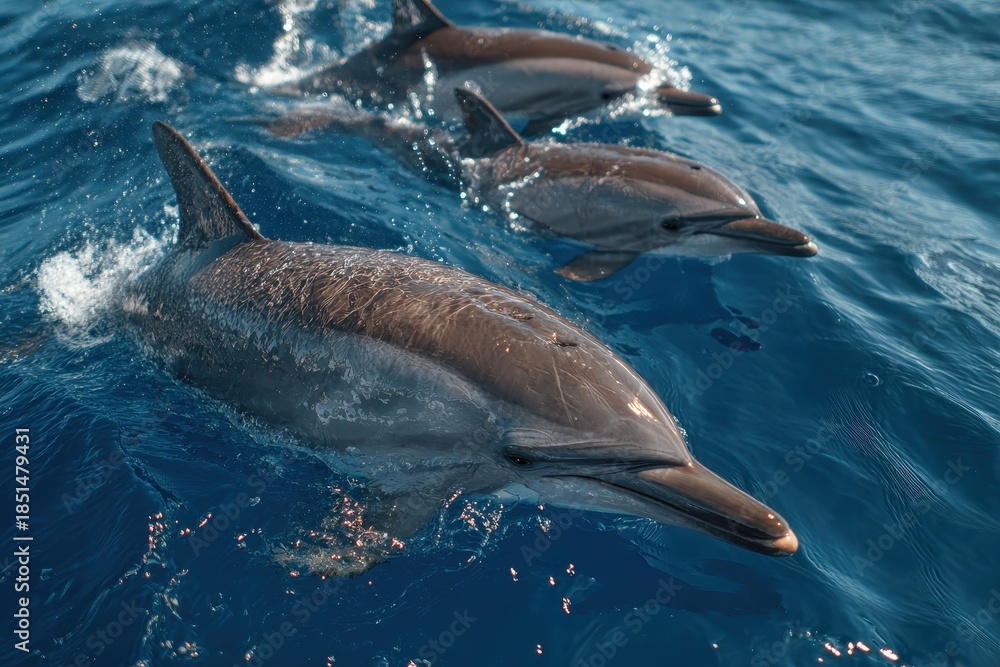 Fototapeta premium Dolphins swimming gracefully in the crystal clear waters of Grand Canary Island during a bright sunny day