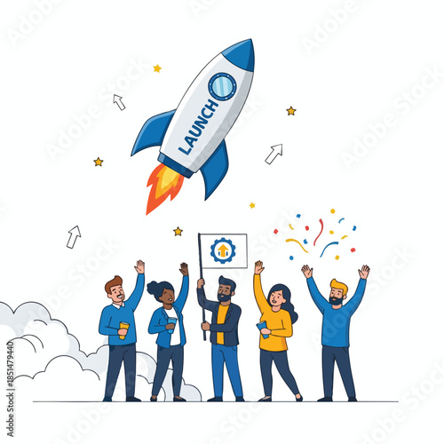 Group celebrates a rocket launch with a flag, confetti, and arrows pointing up