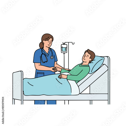Nurse tends to a patient in bed with IV drip, medical illustration style